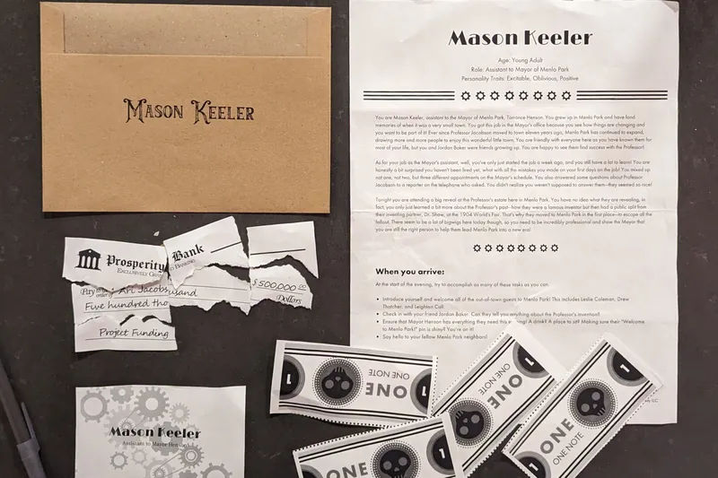 Printed envelope, character sheet, ripped check, name tag, and money