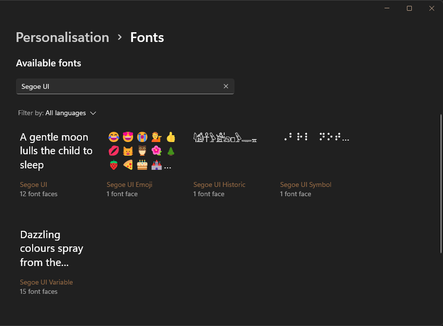 Screenshot of Windows 11 font settings, showing entries for "Segoe UI" and "Segoe UI Variable"